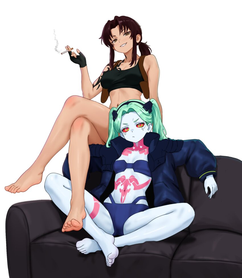 2girls bare_legs barefoot black_lagoon brown_eyes brown_hair cigarette colored_sclera colored_skin couch cyberpunk:_edgerunners cyberpunk_(series) fingerless_gloves gloves grey_skin grin highres holding holding_cigarette jacket looking_at_viewer multiple_girls nihu on_couch ponytail rebecca_(cyberpunk) red_sclera revy_(black_lagoon) simple_background smile smoking soles tattoo toes twintails white_background