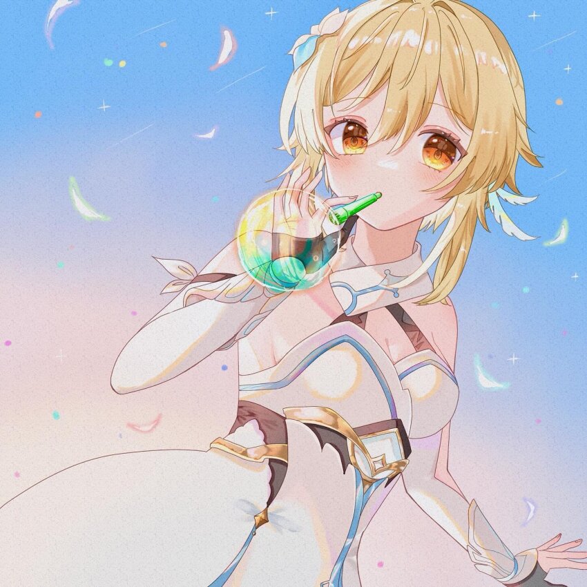 1girl bare_shoulders black_gloves blonde_hair blowing_bubbles blue_gemstone blue_sky bow breasts bubble_wand cleavage collar commentary cowboy_shot detached_collar detached_sleeves dress eyelashes eyeshadow feathers gem genshin_impact gloves gradient_sky halter_dress halterneck hashtag-only_commentary highres holding holding_wand light_blush long_sleeves lumine_(genshin_impact) makeup nagi_0sa0 orange_eyes outdoors partially_fingerless_gloves pink_eyeshadow pink_sky short_hair_with_long_locks sky sleeve_bow sleeve_cuffs solo sparkle standing sunrise vision_(genshin_impact) wand white_bow white_collar white_dress white_sleeves