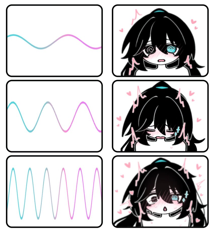 1girl @_@ artist_request black_hair comic hair_between_eyes heterochromia highres original sex_toy vibrator