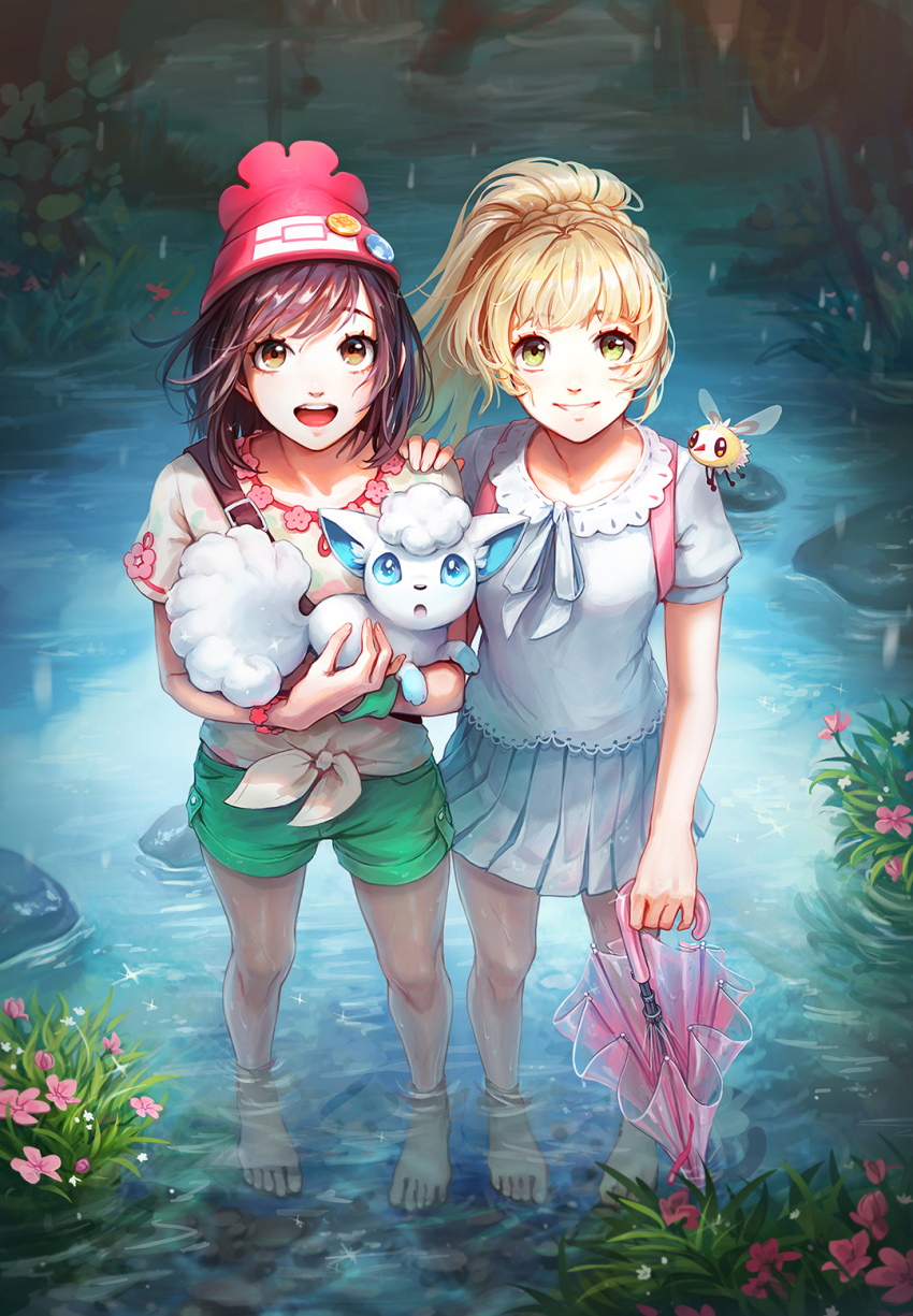 2girls alolan_form alolan_vulpix barefoot black_hair blonde_hair blouse brown_eyes closed_umbrella cutiefly flower full_body gen_7_pokemon green_eyes green_shorts grin hat highres holding holding_pokemon holding_umbrella kazuko_(towa) lillie_(pokemon) looking_at_viewer medium_hair miniskirt multiple_girls neck_ribbon nintendo open_mouth outdoors photoshop_(medium) pink_umbrella pleated_skirt pokemon pokemon_(creature) pokemon_sm pond ponytail red_headwear ribbon selene_(pokemon) shirt short_hair short_shorts short_sleeves shorts skirt smile standing teeth tied_shirt umbrella upper_teeth_only wading water wetland white_ribbon white_shirt white_skirt yellow_shirt