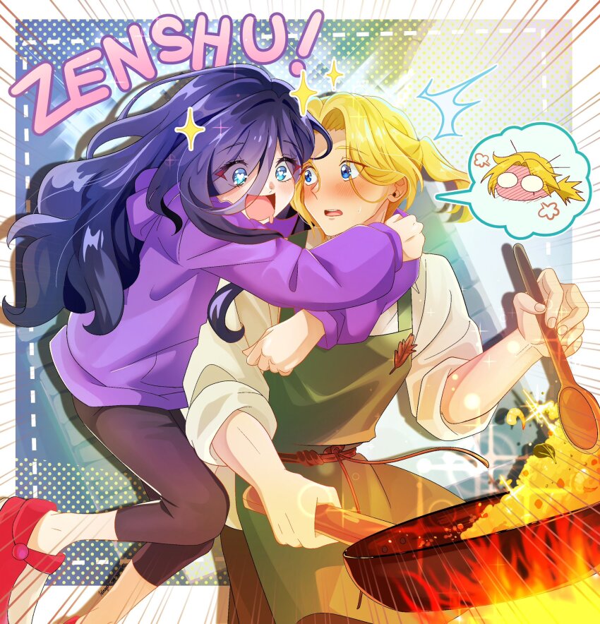 1boy 1girl apron black_hair black_pants blonde_hair blue_eyes blush bowl cooking copyright_name drooling frying_pan green_apron heart heart-shaped_pupils highres hirose_natsuko holding holding_frying_pan holding_spoon hood hoodie hug hug_from_behind long_hair long_sleeves luke_braveheart open_mouth pants ponytail purple_hoodie red_shoes rice_bowl shirt shoes short_ponytail sleeves_rolled_up sorahanayo speech_bubble spoon symbol-shaped_pupils thought_bubble very_long_hair white_shirt wooden_spoon zenshuu