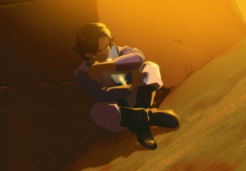 0109_(artist) 1boy against_wall blue_tunic boba_fett boots brown_boots brown_hair helmet highres hugging_object mandalorian_helmet shadow solo star_wars sunlight tunic