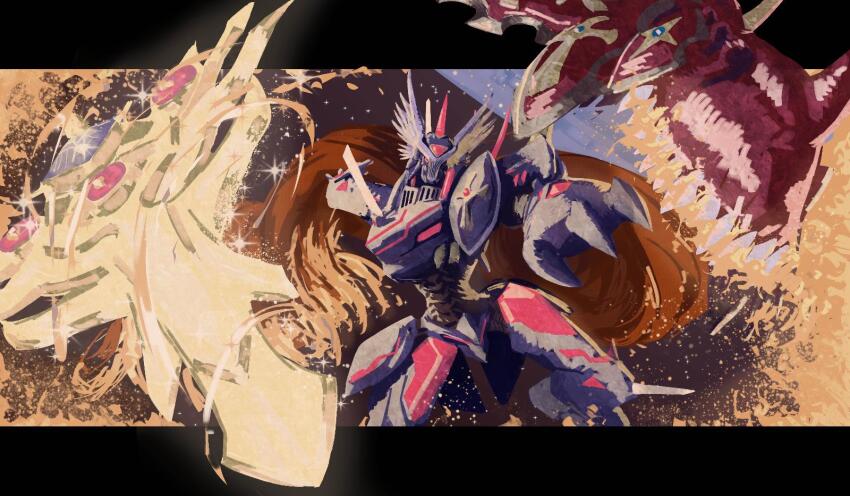 1boy armor black_border border bryweludramon cape digimon digimon_(creature) durandamon fewer_digits fire forehead_jewel helmet highres horns knight looking_at_viewer purple_armor ragnalordmon red_cape red_eyes shield solo substantial-mall4711 sword weapon winged_helmet