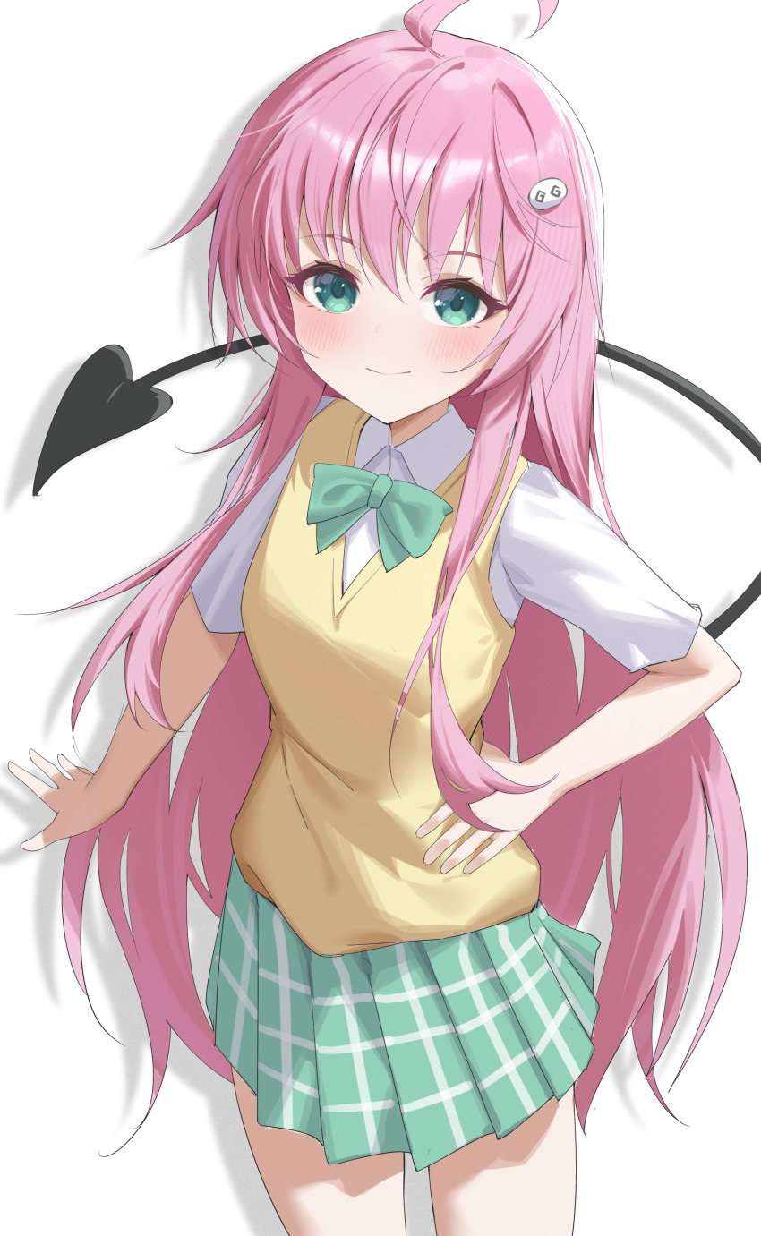 1girl absurdres ahoge bow bowtie closed_mouth commentary cowboy_shot demon_girl demon_tail green_bow green_bowtie green_eyes green_skirt highres jei_(user_tckk7448) lala_satalin_deviluke long_hair looking_at_viewer pink_hair plaid_clothes plaid_skirt pleated_skirt sainan_high_school_uniform school_uniform shirt short_sleeves simple_background skirt solo summer_uniform sweater_vest tail to_love-ru white_background white_shirt yellow_sweater_vest