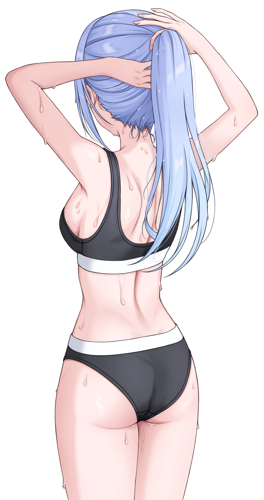 1girl absurdres adjusting_hair armpits arms_behind_head arms_up ass back bare_shoulders black_panties black_sports_bra blue_hair breasts facing_away from_behind hair_lift hands_in_own_hair highres holding holding_own_hair idolmaster idolmaster_shiny_colors long_hair medium_breasts midriff panties ponytail shoulder_blades sideboob solo sports_bra sports_panties sportswear standing sulgi_park suzuki_hana sweat sweatdrop tying_hair underwear underwear_only workout_clothes