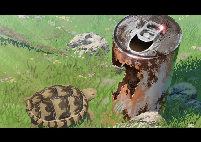 absurdres animal animal_focus can day drink_can grass highres no_humans original outdoors rock rust scenery soda_can sumassha_t_t tortoise turtle
