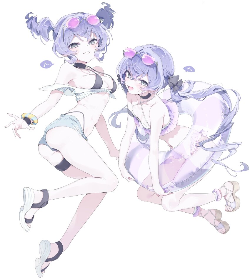 2girls :d absurdres bikini black_bikini black_choker blue_shorts breasts choker cleavage denim denim_shorts eyewear_on_head frilled_bikini frills full_body grey_eyes highleg highleg_bikini highres long_hair medium_breasts medium_hair meunhongcha multicolored_bikini multiple_girls open_mouth original purple-tinted_eyewear purple_bikini purple_hair sandals shorts siblings simple_background sisters small_breasts smile swim_ring swimsuit tinted_eyewear two-tone_bikini white_background white_bikini