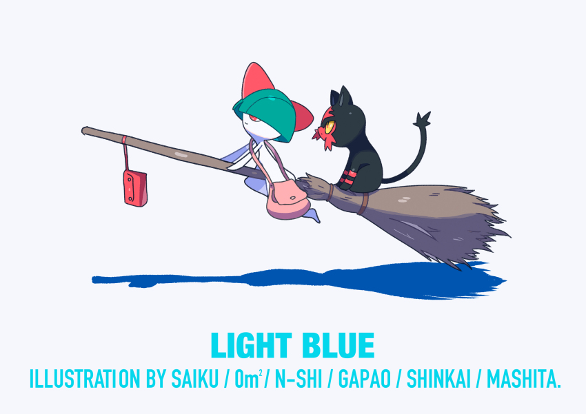 absurdres artist_name bag bowl_cut broom broom_riding closed_mouth commentary_request english_text from_side gen_3_pokemon gen_7_pokemon green_hair highres litten nintendo no_humans pink_bag pokemon pokemon_(creature) ralts saiku_(zvlku) shoulder_bag sitting white_background