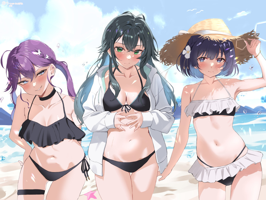 3girls absurdres ahoge beach bikini black_bikini black_choker blush braid breasts butterfly_hair_ornament choker collarbone commentary_request cowboy_shot frilled_bikini frills front-tie_bikini_top front-tie_top gakuen_idolmaster green_hair hair_flaps hair_ornament hat hataya_misuzu highres hood hooded_jacket idolmaster jacket kaya_rinha kimi_to_semi_blue_(idolmaster) long_hair looking_at_viewer medium_breasts multiple_girls navel outdoors purple_hair short_hair side-tie_bikini_bottom smile stomach straight_hair straw_hat swimsuit syngup!_(idolmaster) thigh_gap thigh_strap tigger_drawing tsukimura_temari twintails two-sided_fabric two-sided_jacket very_long_hair white_jacket