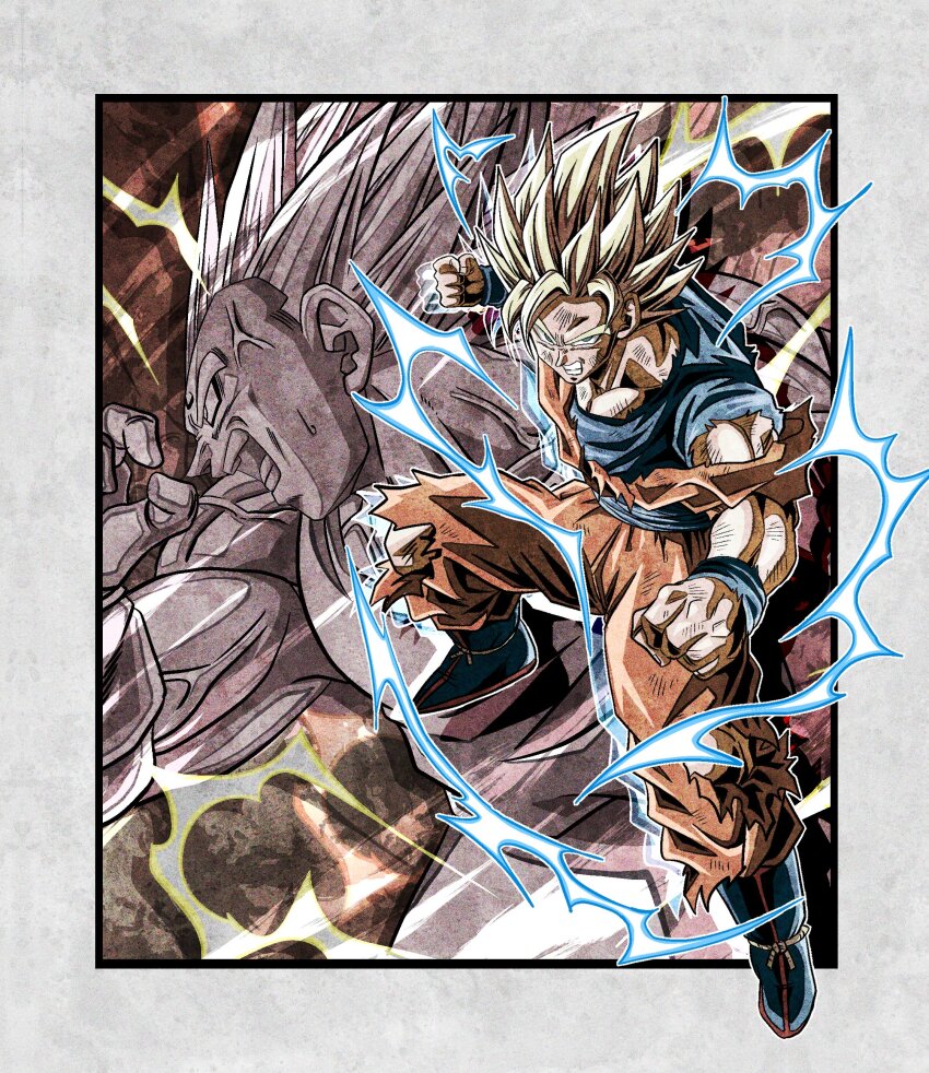 2boys absurdres blonde_hair blue_footwear blue_sash blue_shirt boots clenched_hand clenched_teeth dougi dragon_ball dragonball_z electricity facial_mark fighting_stance forehead_mark highres majin_vegeta multiple_boys muscular muscular_male orange_pants orange_shirt pants sash shirt son_goku spiked_hair super_saiyan super_saiyan_2 teeth torn_clothes torn_pants torn_shirt ushi_(akabec0) vegeta