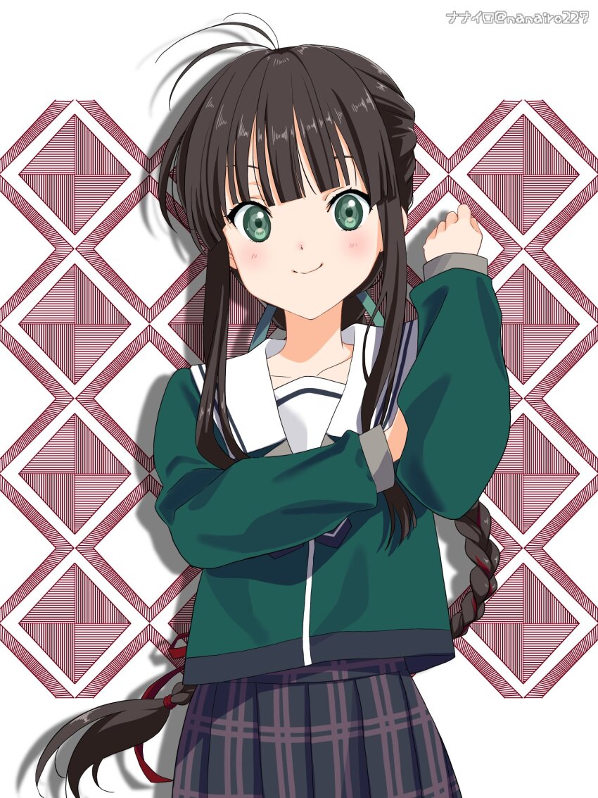 22/7 antenna_hair artist_name black_bow black_bowtie black_hair black_skirt bow bowtie braid braided_ponytail clenched_hand closed_mouth collarbone cowboy_shot green_eyes green_ribbon green_shirt hair_ribbon highres long_hair long_sleeves looking_at_viewer nanairo_(nanairo227) plaid_clothes plaid_skirt pleated_skirt red_ribbon ribbon rokubanchou_school_uniform sailor_collar school_uniform serafuku shirt sidelocks skirt smile standing summer_uniform white_sailor_collar yagami_toa
