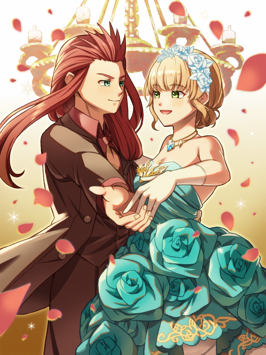 1boy 1girl asch_(tales) bare_shoulders black_jacket blonde_hair blue_dress blunt_bangs ch1emon_i closed_mouth collared_shirt commentary_request cowboy_shot dancing dress falling_petals floating_hair flower flower_dress gloves green_eyes hair_flower hair_ornament hair_slicked_back head_wreath highres jacket jewelry light_blush long_hair looking_at_another natalia_luzu_kimlasca_lanvaldear necklace necktie open_mouth petals red_hair red_petals red_shirt shirt sidelocks smile sparkle strapless strapless_dress tales_of_(series) tales_of_the_abyss white_gloves