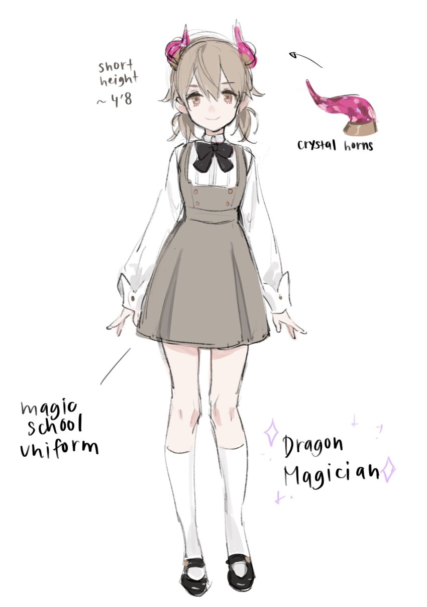 1girl blonde_hair crystal_horns dress english_text full_body hair_between_eyes highres looking_at_viewer low_twintails neck_ribbon original overall_skirt ribbon sandals school_uniform shirt short_dress simple_background sleeve_cuffs smile socks solo twintails white_background white_shirt white_socks yellow_dress yoimon