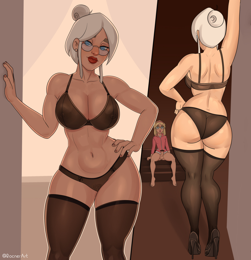 1futa 1girl artist_name ass bare_shoulders black_bra black_panties black_thighhighs blonde_hair blue_eyes bra breasts covered_erect_nipples earrings erection futanari glasses gwen_stacy high_heels highres huge_ass jacket jewelry large_breasts long_hair marvel may_parker medium_penis navel nipples panties penis pink_jacket red_lips rocner spider-man_(series) the_spectacular_spider-man thick_lips thick_thighs thighhighs thighs underwear white_hair wide_hips
