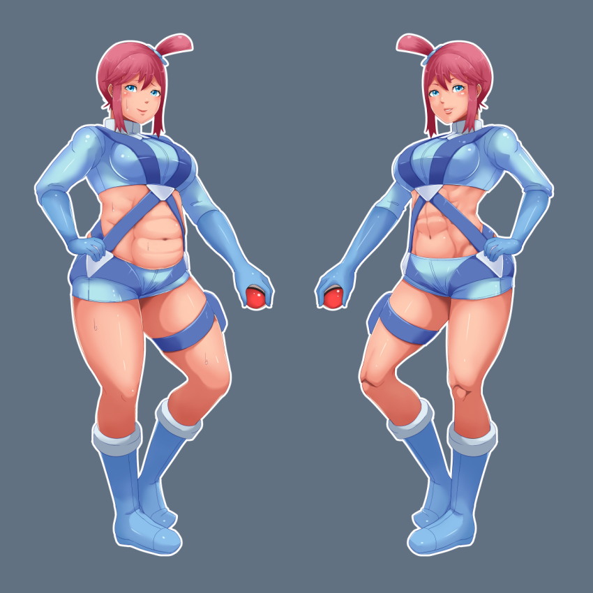 10s 2girls blue_eyes boots breasts dual_persona gym_leader highres holding holding_poke_ball kishio_(agedama) large_breasts multiple_girls muscular nintendo plump poke_ball pokemon pokemon_bw red_hair skyla_(pokemon)