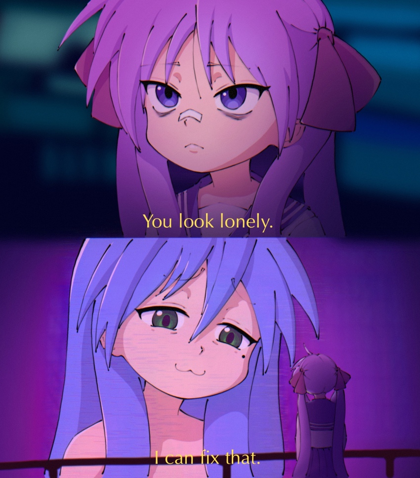 2girls blade_runner_2049 blue_hair green_eyes highres hiiragi_kagami izumi_konata lucky_star meme mole mole_under_eye multiple_girls nude prizraktoski purple_hair scene_reference science_fiction you_look_lonely_(meme)