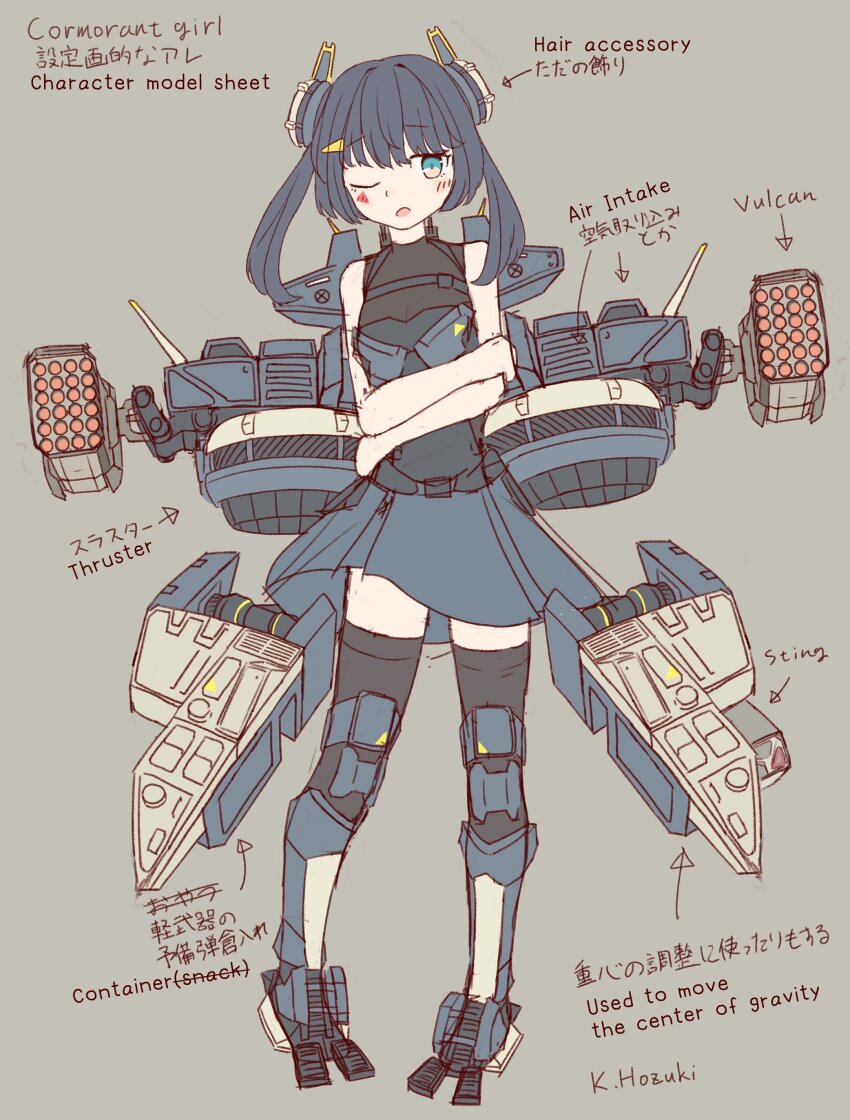 1girl absurdres battle_of_titans blue_eyes blue_hair character_profile chest_armor crossed_arms dark_blue_hair headgear highres hozukikasumi low_twintails mecha_musume mechanical_legs mechabare multishot_rocket_launcher one_eye_closed personification rocket_launcher thighhighs thrusters twintails weapon