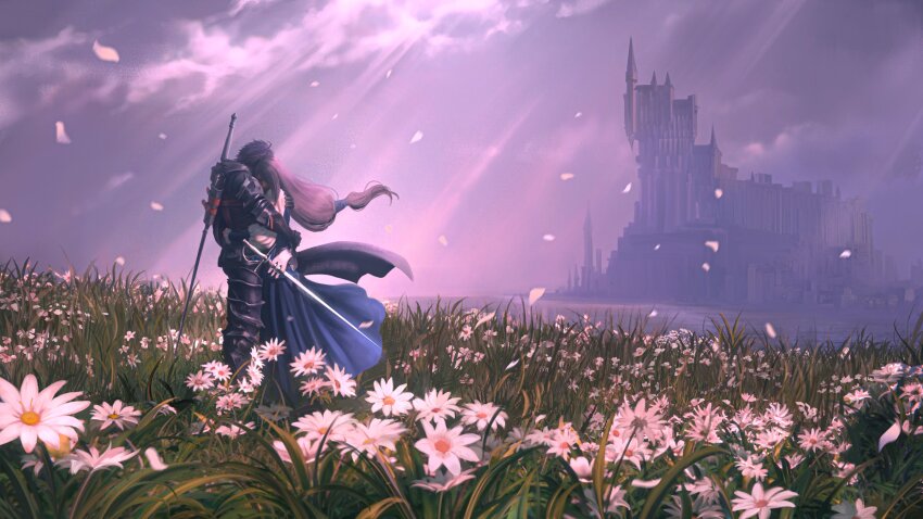 1boy 1girl absurdres black_hair caio_santos cape castle clive_rosfield cloud cloudy_sky couple field final_fantasy final_fantasy_xvi flower flower_field grey_hair highres hug jill_warrick long_skirt petals skirt sky sword weapon weapon_on_back