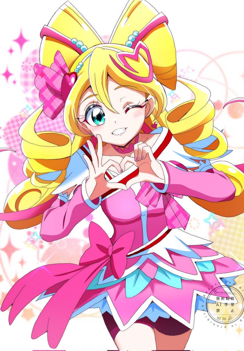 1girl blonde_hair blush breasts brooch color_connection cosplay cure_heart cure_heart_(cosplay) cure_idol dokidoki!_precure dress earrings four-finger_heart_hands gradient_background green_eyes hair_bun hair_ornament heart heart_brooch heart_earrings heart_hair_bun heart_hair_ornament heart_hands highres idol_heart_brooch jewelry kimi_to_idol_precure long_hair magical_girl momotarouooi pink_arm_warmers pink_dress pink_sleeves pink_wrist_cuffs ponytail precure sakura_uta_(precure) shorts_under_dress small_breasts smile solo sparks white_background wrist_cuffs