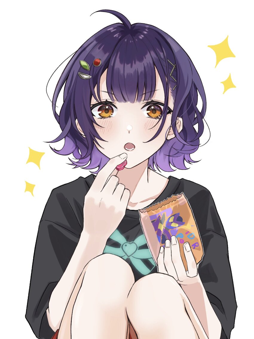 1girl :o ahoge black_shirt blush candy collarbone commentary_request double-parted_bangs eyelashes food food_packaging gradient_hair hair_ornament hands_up highres holding holding_candy holding_food kashitsuki_(tashikaniaruki) knees_up looking_at_viewer lower_teeth_only multicolored_hair nanase_suzuna nijisanji open_mouth orange_eyes print_shirt purple_hair shirt short_hair short_sleeves simple_background sitting skeleton_print solo sparkle teeth virtual_youtuber wavy_hair white_background x_hair_ornament