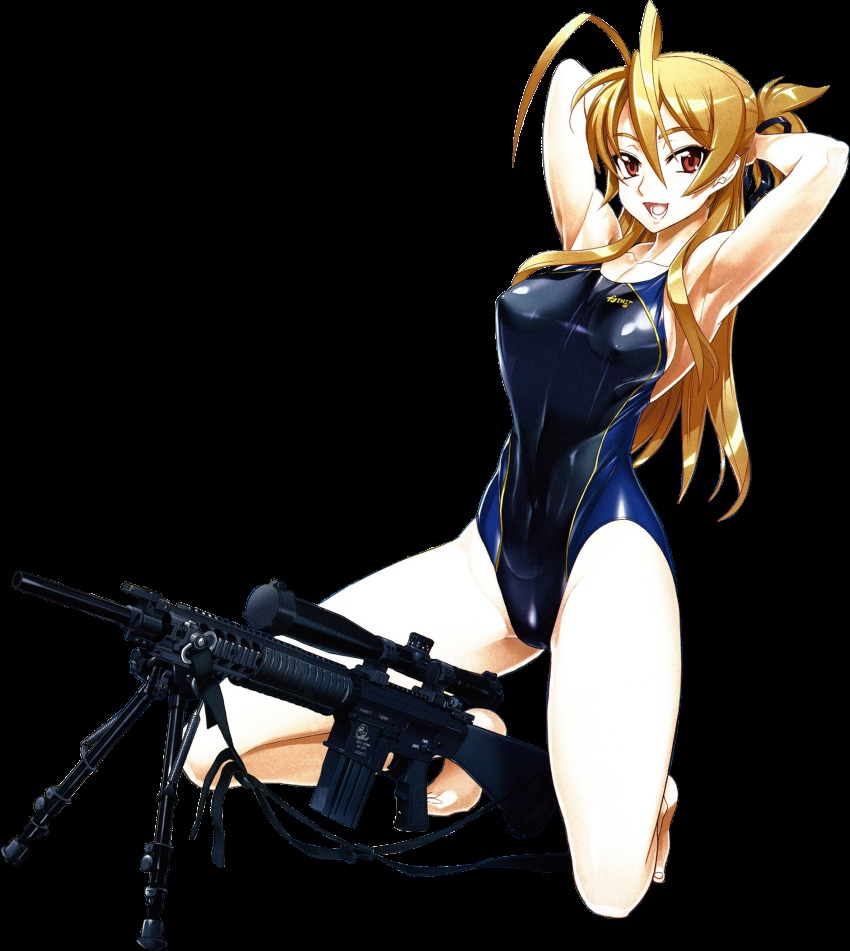 1girl antenna_hair ar-10 armpits arms_behind_head bare_legs barefoot battle_rifle bipod breasts brown_hair competition_swimsuit covered_erect_nipples female_focus full_body gun highres highschool_of_the_dead kneeling large_breasts long_hair miyamoto_rei one-piece_swimsuit open_mouth red_eyes rifle satou_shouji scope sniper_rifle solo swimsuit transparent_background weapon