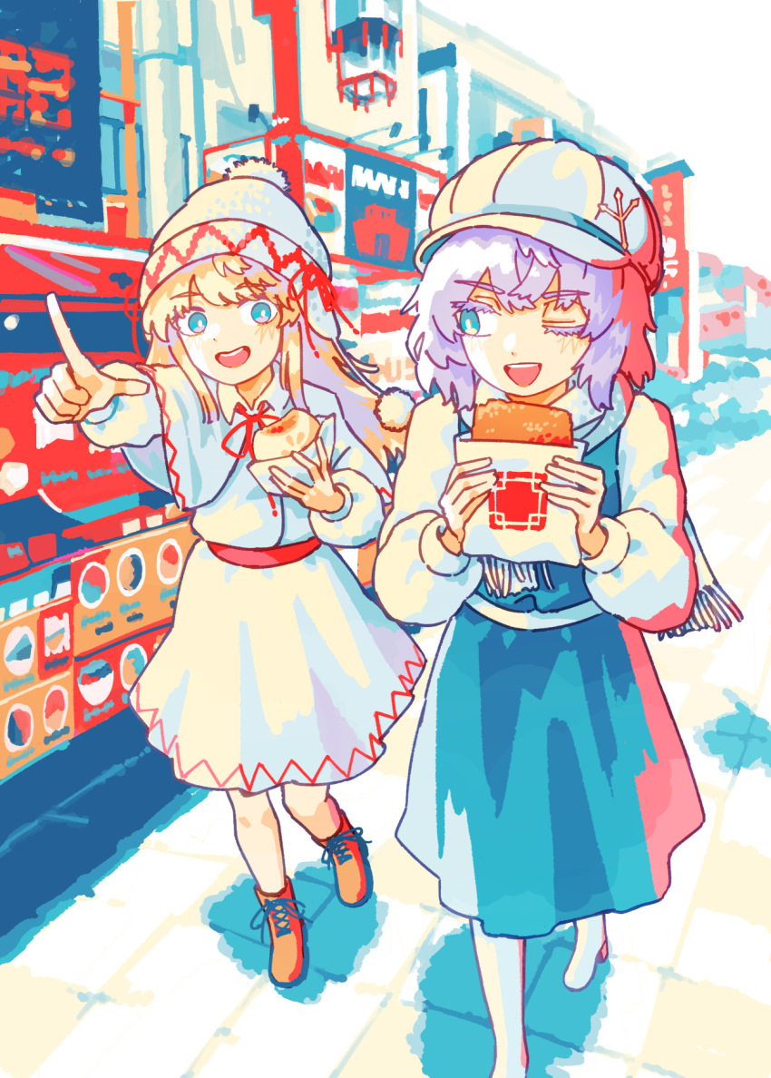 2girls :d adapted_costume beanie blonde_hair blue_eyes blue_skirt blue_vest blurry blurry_background boots brown_boots building cabbie_hat capelet collared_shirt color_banding colored_eyelashes commentary_request contemporary day dot_nose food food_bite food_request food_stand full_body grey_hair hat highres holding holding_food kobe lace-up_boots lapel_pin letty_whiterock lily_white limited_palette long_hair long_sleeves looking_at_another market_stall medium_hair multiple_girls neck_ribbon one_eye_closed open_mouth outdoors pointing pointing_forward pom_pom_(clothes) pom_pom_beanie real_world_location red_ribbon red_trim ribbon scarf shirt shirt_tucked_in skirt sky smile standing touhou vest walking walking_towards_viewer wasabisuke white_boots white_capelet white_hat white_scarf white_shirt white_skirt white_sky zig-zag_pattern