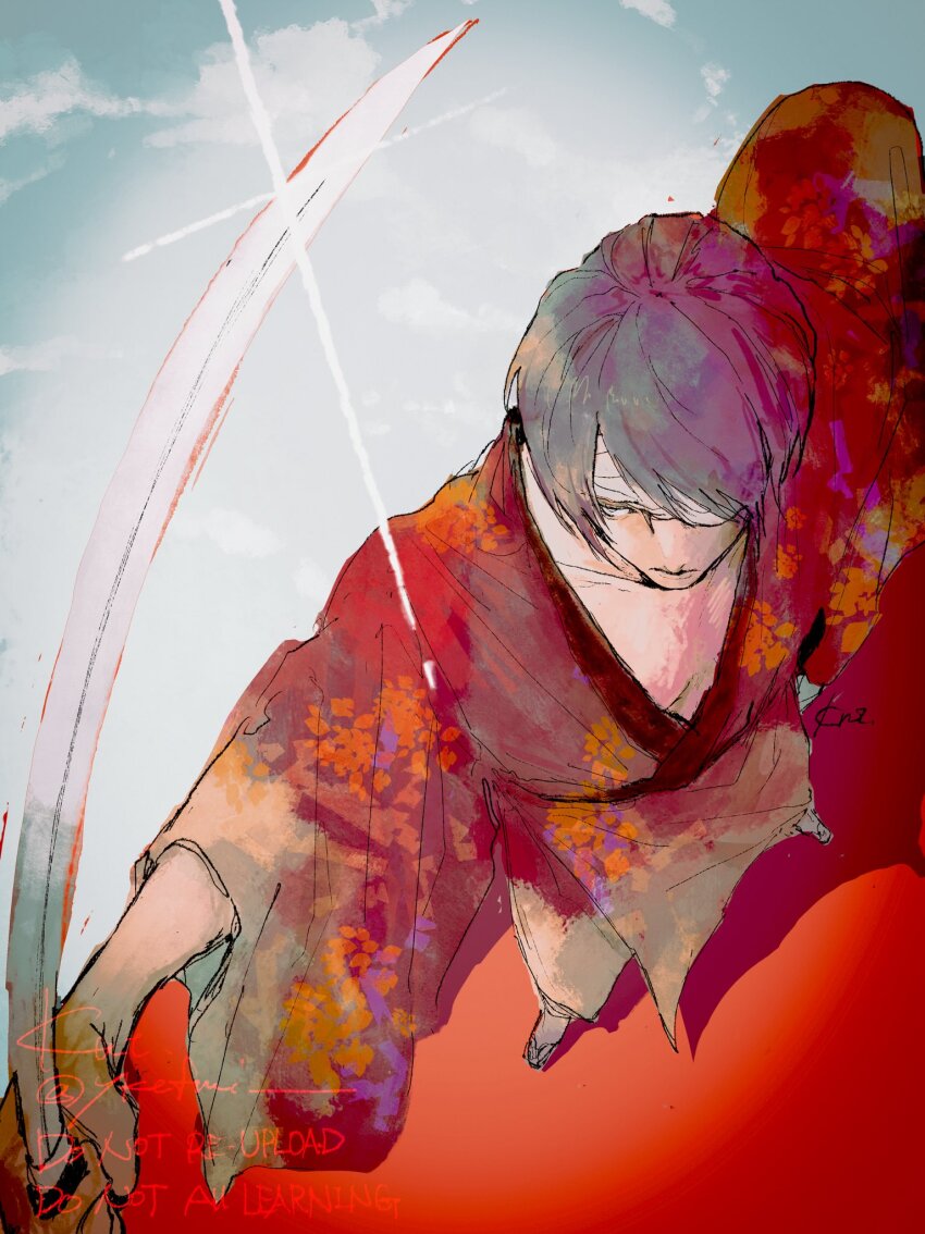 1boy bandage_over_one_eye bandaged_head bandages black_hair cloud collarbone from_above gintama glint highres holding holding_sword holding_weapon japanese_clothes katana kimono long_sleeves looking_down male_focus perspective red_kimono short_hair signature sky solo sparkle standing sword takasugi_shinsuke weapon wide_sleeves ykefmi