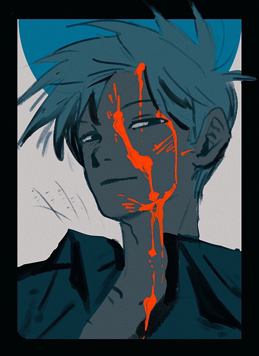 1boy akagi:_yami_ni_oritatta_tensai akagi_shigeru akanosuke black_border black_eyes black_shirt blood blood_on_face blood_splatter border closed_mouth collared_shirt commentary fukumoto_mahjong highres looking_to_the_side male_focus open_clothes open_shirt parted_bangs portrait shirt sideburns sideways_glance solo spiked_hair white_hair wing_collar