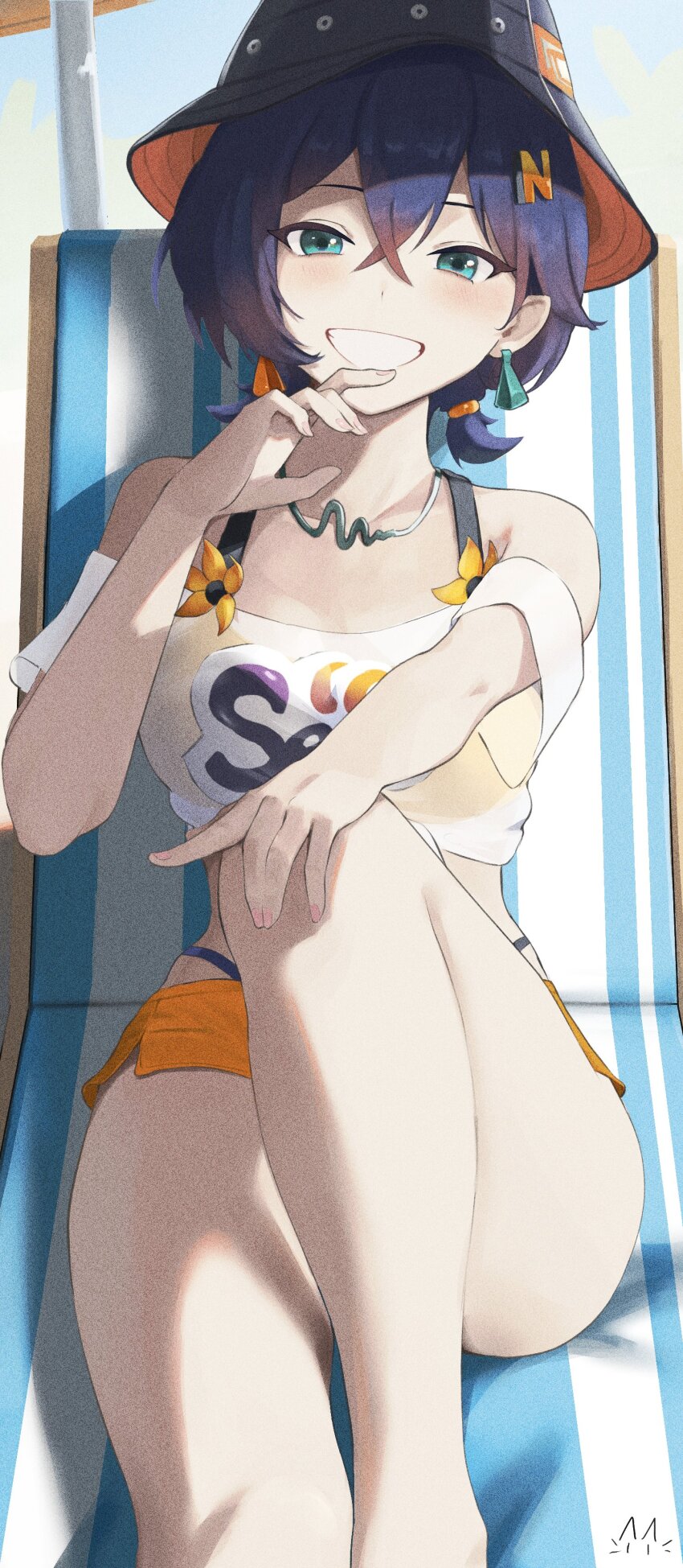 1girl absurdres belle_(zenless_zone_zero) black_hat blue_hair bucket_hat camus_(luthfancamus) commentary crossed_bangs english_commentary green_eyes grin hair_ornament hat highres letter_hair_ornament looking_at_viewer off-shoulder_shirt off_shoulder official_alternate_costume orange_shorts reclining shirt short_hair short_shorts short_twintails shorts smile solo twintails white_shirt zenless_zone_zero