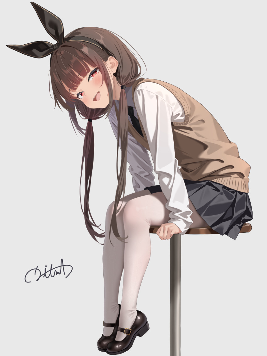 1girl absurdres black_skirt blush bow brown_eyes brown_hair brown_vest full_body hair_bow hairband highres ikuma_yamashita mary_janes necktie original pantyhose school_uniform shoes signature skirt vest white_background white_pantyhose
