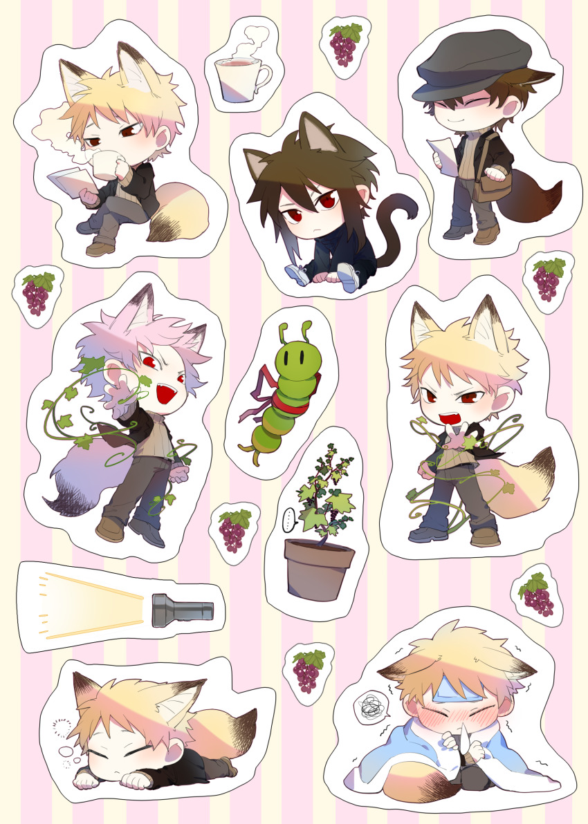 ... 1boy absurdres animal_ears atou_haruki bag black_jacket black_pants blanket blonde_hair blush brown_bag brown_hair brown_shoes brown_sweater cat_ears cat_tail chibi chibi_only chinese_commentary closed_eyes closed_mouth cold_pack commentary_request cup fever flashlight food fox_boy fox_ears fruit grapes grey_pants highres holding holding_paper invisible_chair jacket kemonomimi_mode lying male_focus medium_hair mug multiple_views nev-04 nose_bubble on_stomach open_clothes open_jacket open_mouth outline pants paper pink_hair plant reaching reaching_towards_viewer red_eyes ribbed_sweater saibou_shinkyoku shoes short_hair shoulder_bag sitting smile speech_bubble spoilers spoken_ellipsis steam striped_background sweater tail trembling turtleneck turtleneck_sweater two-tone_background vines white_outline white_shoes