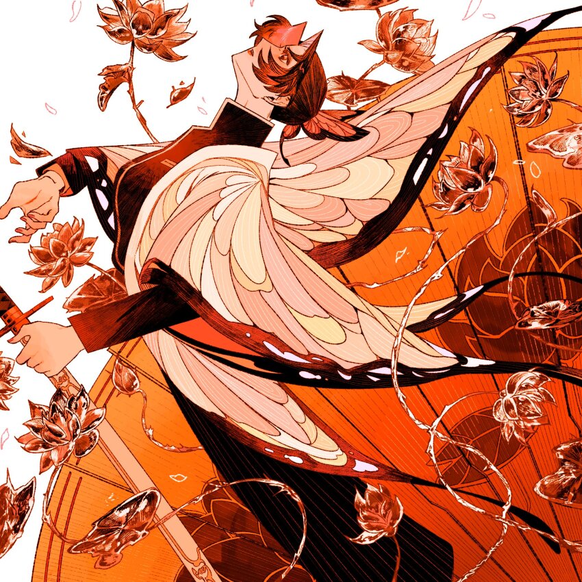 1girl aike_rkgk animal_print bug butterfly butterfly_hair_ornament butterfly_print checkered_haori demon_slayer_uniform flower hair_ornament haori highres holding holding_sword holding_weapon insect japanese_clothes kimetsu_no_yaiba kochou_shinobu print_haori sword weapon wisteria