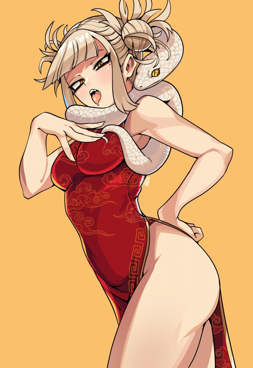 1girl alternate_costume animal animal_around_neck blonde_hair blunt_bangs boku_no_hero_academia breasts chinese_zodiac commentary dress english_commentary fangs hair_bun highres looking_at_viewer messy_hair open_mouth red_dress short_hair simple_background sleeveless sleeveless_dress slit_pupils snake snake_wrapped_around_neck solo teeth thick_thighs thighs toga_himiko unusualpie white_snake year_of_the_snake yellow_eyes