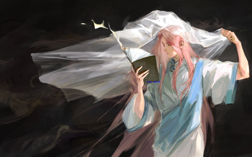 1boy absurdres black_background blue_sash blue_trim book chinese_commentary closed_eyes closed_mouth commentary_request enein_rundall highres holding holding_book holding_veil long_hair male_focus pink_hair saibou_shinkyoku sash sidelocks solo the_crowd tunic upper_body white_tunic wide_sleeves
