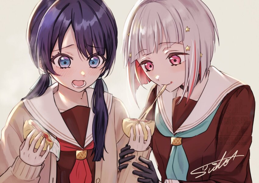 2girls aqua_neckerchief black_choker black_gloves blue_eyes blue_hair blue_ribbon bob_cut brown_cardigan brown_dress cardigan cheese cheese_trail choker colored_inner_hair commentary_request dark_blue_hair diagonal_bangs dollchestra dress eating food food_on_face gloves grey_background grey_hair hair_ornament hair_ribbon half_gloves hasu_no_sora_school_uniform holding holding_another&#039;s_arm holding_food inverted_bob link!_like!_love_live! long_hair long_sleeves love_live! low_twintails lower_teeth_only mole mole_on_neck multicolored_hair multiple_girls murano_sayaka neckerchief o-ring o-ring_choker open_cardigan open_clothes open_mouth pink_eyes red_hair red_neckerchief ribbon sailor_collar sailor_dress school_uniform sharing_food short_hair signature simple_background star_(symbol) star_hair_ornament steam steamed_bun streaked_hair suito teeth twintails upper_body virtual_youtuber watermark white_sailor_collar winter_uniform yugiri_tsuzuri