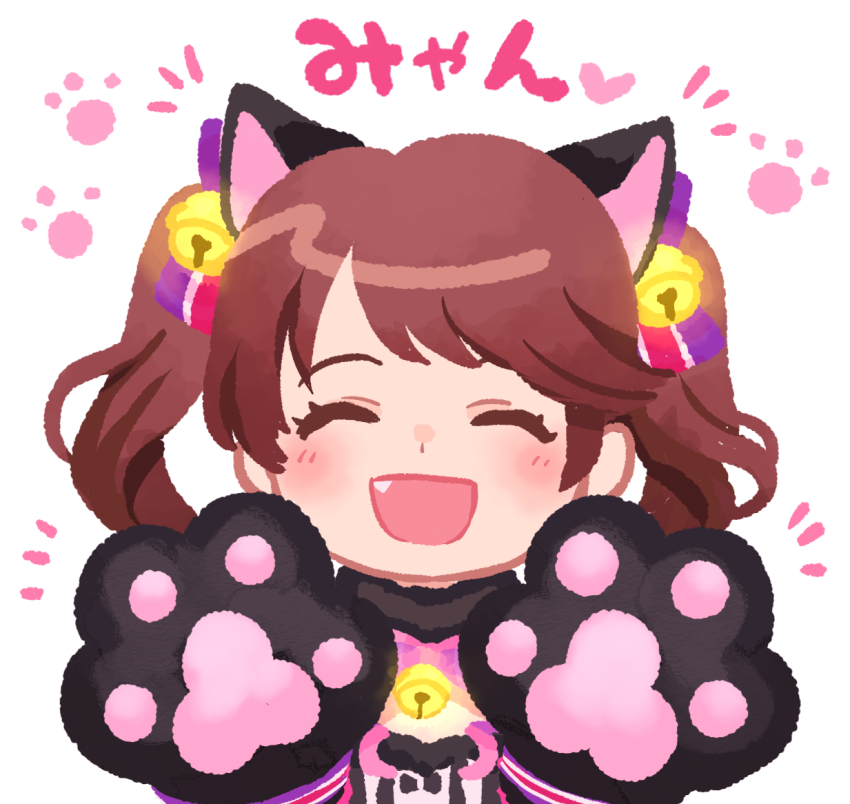 1girl animal_ears animal_hands bell blush brown_hair cat_ears cat_paws closed_eyes eyelashes facing_viewer fang hair_bell hair_ornament idolmaster idolmaster_cinderella_girls jingle_bell kinakotatu neck_bell open_mouth shiina_noriko short_hair solo translation_request upper_body white_background
