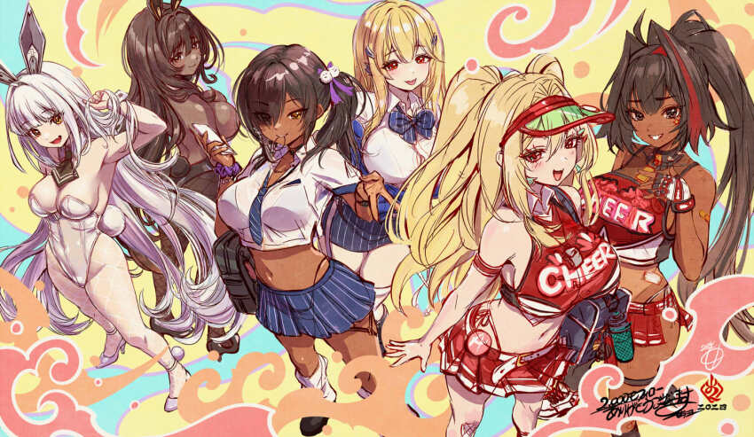 6+girls 777_(nikke) animal_ears bare_shoulders bay_(nikke) black_hair blanc_(nikke) blonde_hair blue_bow blue_bowtie blush bow bowtie breasts brown_eyes brown_hair cheerleader clay_(nikke) collared_shirt crop_top dark-skinned_female dark_skin dazzling_pearl_(nikke) detached_collar fake_animal_ears fishnets goddess_of_victory:_nikke gyaru hair_intakes hair_ornament jewelry kanchiyo large_breasts leotard long_hair multiple_girls naga_(nikke) navel necktie noir_(nikke) panties pantyhose pinstripe_pattern pinstripe_skirt playboy_bunny ponytail rabbit_ears red_skirt rewind_(nikke) scrunchie shirt siblings sisters skirt tia_(nikke) trait_connection underwear very_long_hair visor_cap white_hair white_leotard white_shirt wrist_scrunchie yellow_eyes