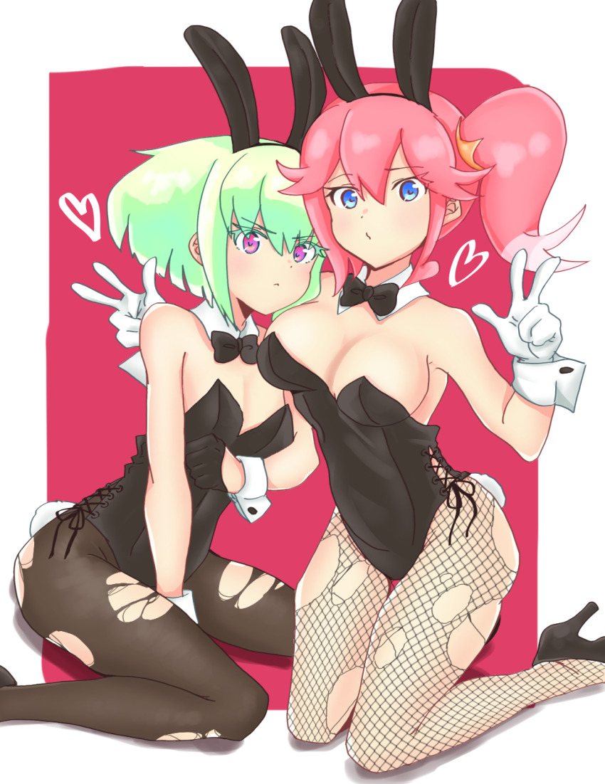 1boy 1girl :&lt; aina_ardebit animal_ears black_bow black_bowtie black_leotard blue_eyes border bow bowtie breasts bunny_day cleavage commentary_request detached_collar double_v fake_animal_ears fake_tail fishnets gloves green_hair high_heels highres kneeling large_breasts leotard lio_fotia male_playboy_bunny pantyhose pink_background pink_eyes pink_hair playboy_bunny promare short_hair side-tie_leotard side_ponytail strapless strapless_leotard tail thighs torn_clothes torn_pantyhose trap user_ksur8455 v variant_set white_border white_gloves wrist_cuffs