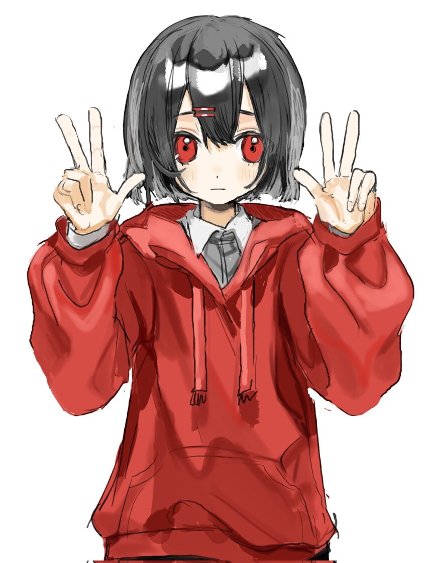 1984_(cw1000110) 1girl black_hair blush closed_mouth double_w hair_ornament hairclip hands_up highres hood hoodie long_sleeves looking_at_viewer original red_eyes red_hoodie short_hair simple_background solo upper_body w white_background