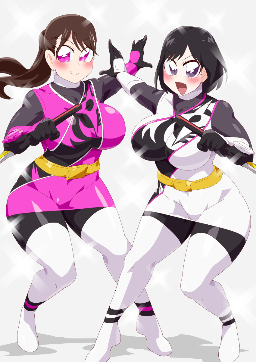 2girls absurdres black_hair bodysuit brown_hair highres igasaki_fuuka momochi_kasumi multiple_girls no_headwear otokamu pink_eyes purple_eyes shuriken_sentai_ninninger super_sentai