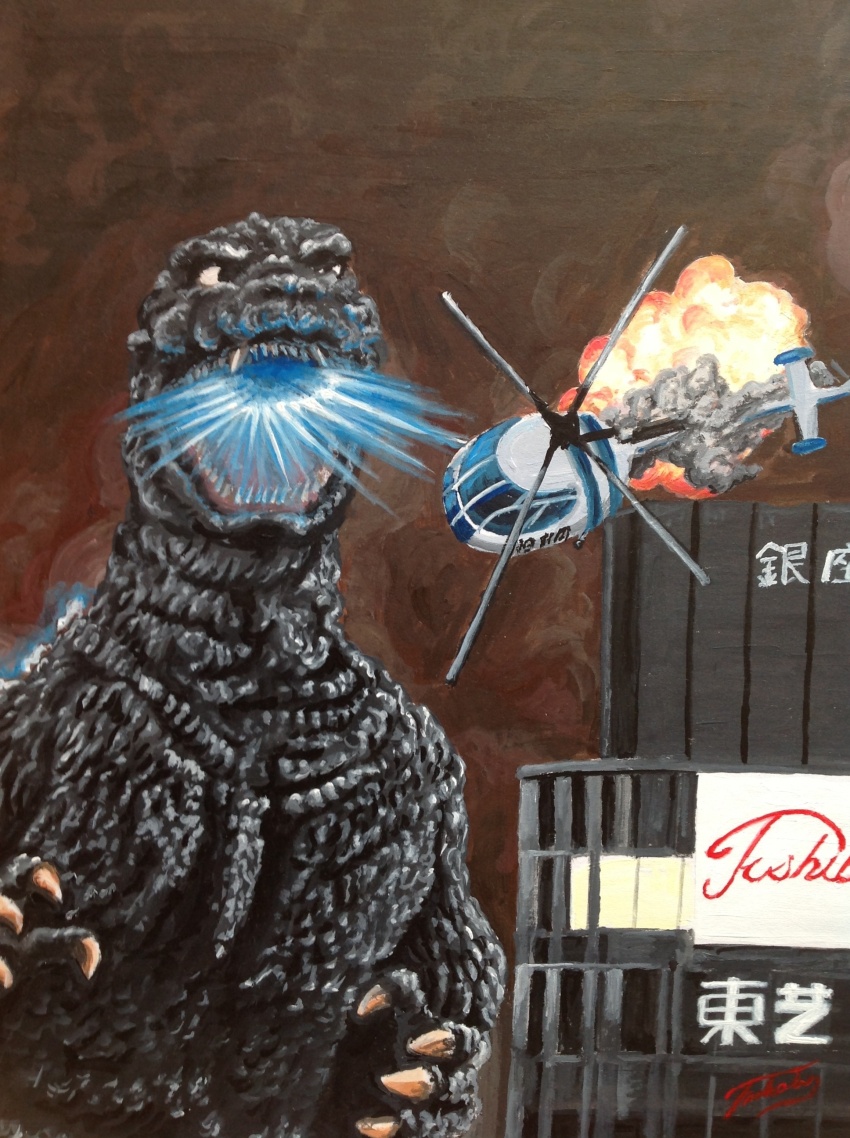 absurdres aircraft building dinosaur energy explosion glowing godzilla godzilla_(series) helicopter highres kaiju no_humans the_return_of_godzilla thermacabe toho