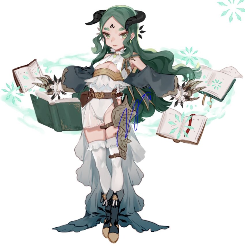 1girl :| belt book boots breasts brooch cleavage closed_mouth clothing_request detached_sleeves dress facial_mark floating floating_book floating_object full_body green_eyes green_hair hair_flowing_over horns jewelry long_hair looking_at_viewer original outstretched_arms sidelocks simple_background skeletal_hand solo thigh_belt thigh_strap thighhighs wavy_hair white_thighhighs yoimon zettai_ryouiki