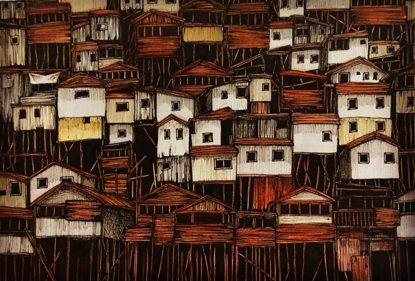 absurdres boarded_windows building cabin highres ibsukionsen no_humans original painting_(medium) plank platform scenery traditional_media window wooden_beam wooden_wall