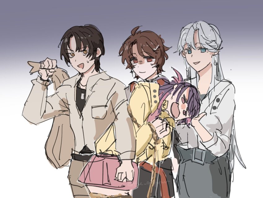 4girls blue_eyes bound bound_arms brown_eyes brown_hair chain commentary eleanor_si english_commentary gradient_background grey_hair highres holding holding_sack iris_wen jacket kidnapping long_hair love_curse:_find_your_soulmate multiple_girls nyx_xia open_mouth pink_skirt purple_hair red_eyes sack selene_yan short_hair skirt smile the_quipper very_long_hair yellow_jacket