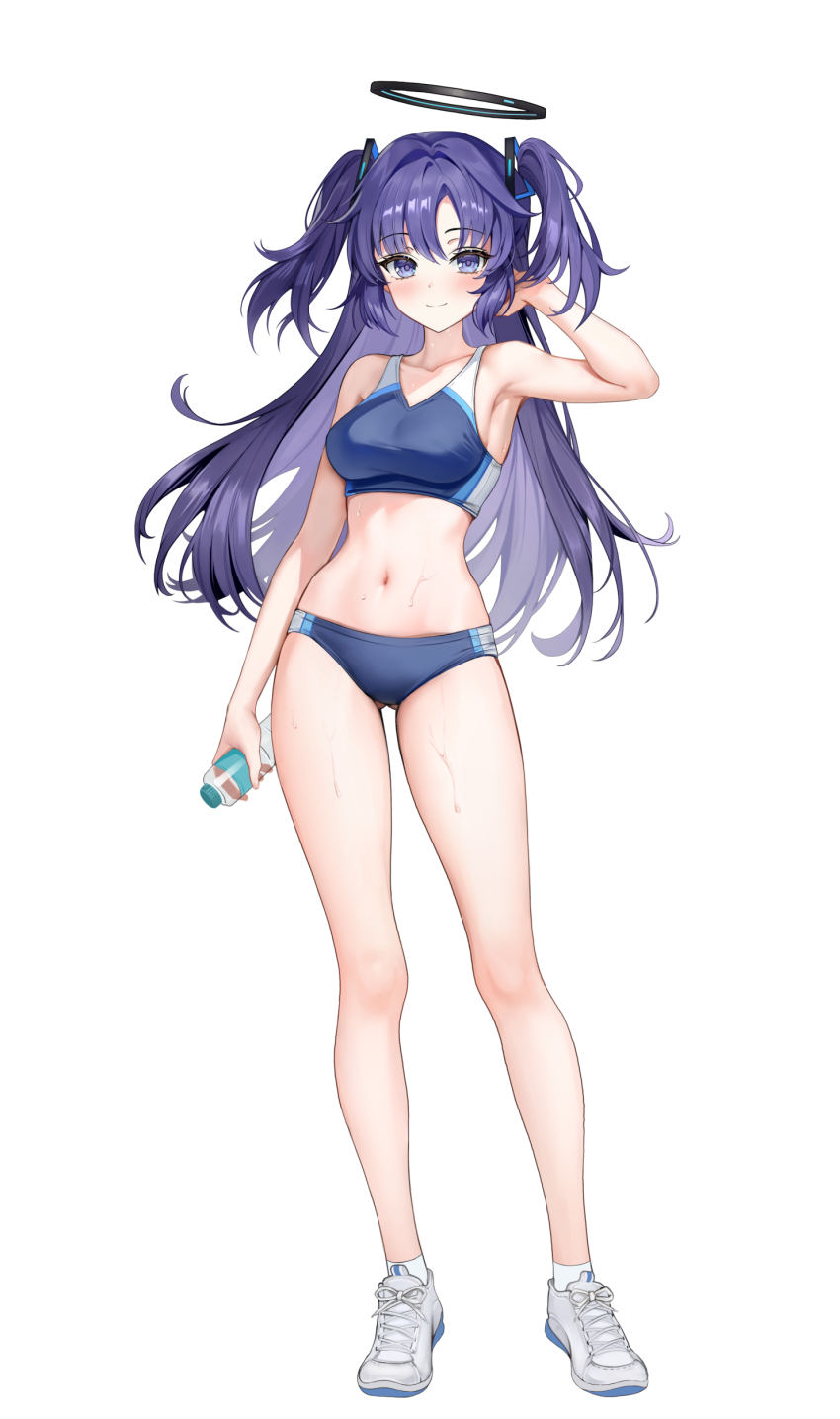 1girl absurdres alternate_costume armpits bare_shoulders blue_archive bottle closed_mouth foka_(beginner) full_body grey_shoes halo highres holding holding_bottle long_hair looking_at_viewer navel purple_eyes purple_hair shoes simple_background smile socks standing stomach sweat thighs two_side_up white_background white_socks yuuka_(blue_archive)