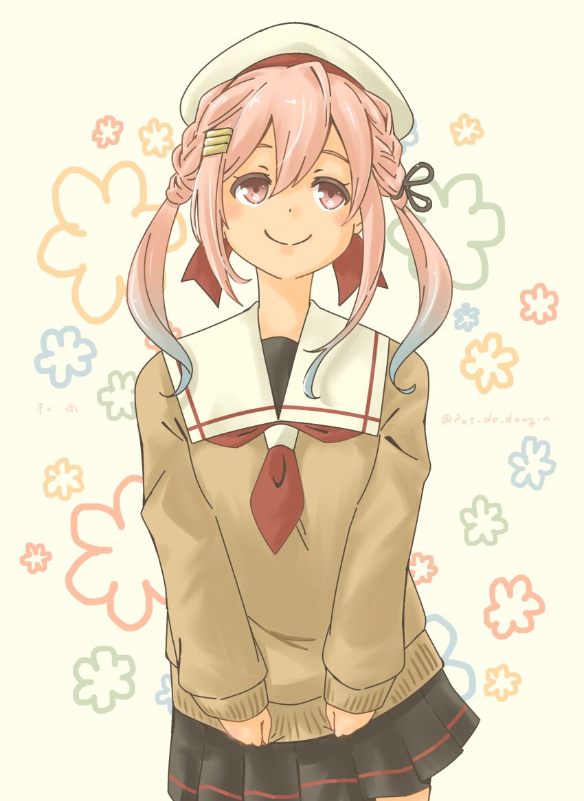 1girl absurdres alternate_color alternate_hairstyle black_skirt brown_sweater facing_viewer floral_background gradient_hair hair_ornament hairclip harusame_(autumn)_(kancolle) harusame_(kancolle) hat highres kantai_collection looking_up multicolored_hair neckerchief official_alternate_costume pink_hair pleated_skirt pot-de red_eyes red_neckerchief sailor_collar sailor_hat school_uniform serafuku sideways_glance skirt sleeves_past_wrists smile solo standing sweater twintails white_hat white_sailor_collar