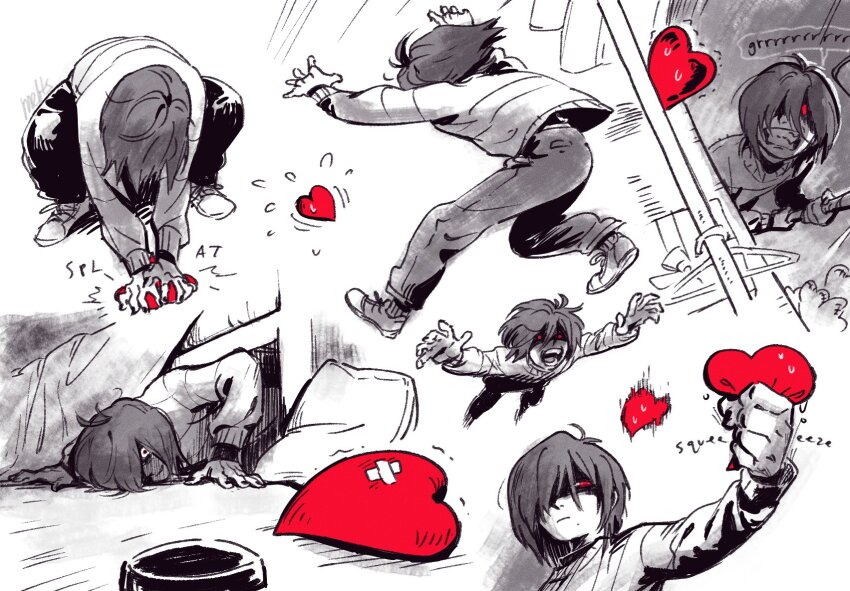 1other angry clenched_teeth clothes_hanger crawling creepy_eyes crossed_bandaids deltarune english_text evil_smile fangs flying_sweatdrops glaring glowing glowing_eyes hair_over_one_eye heart highres hockey_puck hockey_stick hunched_over jumping kris_(deltarune) medium_hair meltsmelts multiple_views nail_polish open_mouth other_focus partially_colored peeking_out pillow pouncing red_eyes shaded_face shoes smile sneakers soul_(deltarune) squeezing sweatdrop sweater teeth trembling under_bed