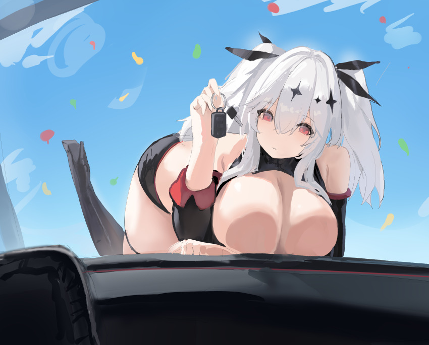 1girl absurdres against_glass against_vehicle azur_lane bare_shoulders black_footwear black_shorts blue_sky boots breast_press breasts breasts_on_glass car_interior car_keys cleavage closed_mouth confetti detached_sleeves feet_up hair_intakes hair_ornament high_heel_boots high_heels highres holding holding_key joffre_(azur_lane) joffre_(blessings&#039;_first_flight)_(azur_lane) key large_breasts leather leather_shorts leather_vest looking_at_viewer lump_saury medium_hair messy_hair micro_shorts race_queen red_eyes shorts sky thighs top-down_bottom-up twintails vest white_hair