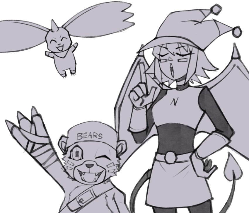 bearmon belt digimon digimon_(creature) fangs gloves hat highres navimon_(digimon) one_eye_closed open_mouth tail terriermon wings wink