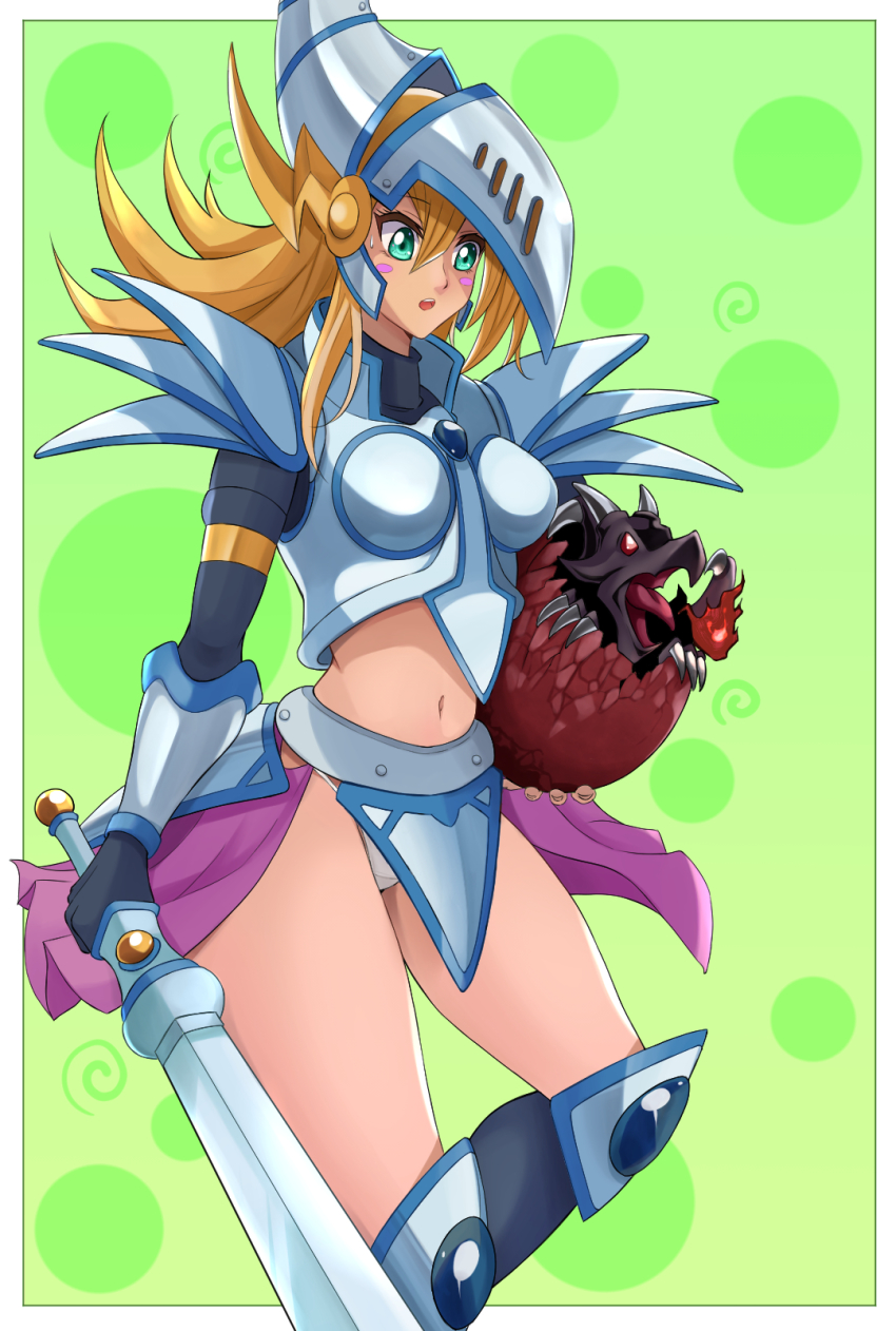 1girl aqua_eyes armor blonde_hair breastplate circle dark_magician_girl_the_dragon_knight dragon duel_monster feet_out_of_frame green_background highres holding holding_sword holding_weapon long_hair midriff navel panties red-eyes_black_dragon solo spiral sword underwear weapon white_panties yone-chan_(kuwm5222) yu-gi-oh! yu-gi-oh!_duel_monsters